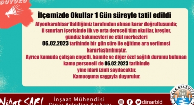 İlçemizde Okullar 1 gün süreyle tatil edildi